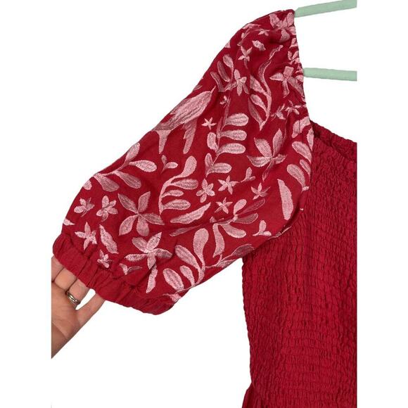 MerSea Voyageur 100% Linen Dress XL Red Embroidered Puff Sleeve Mini Beachy - Picture 5 of 12